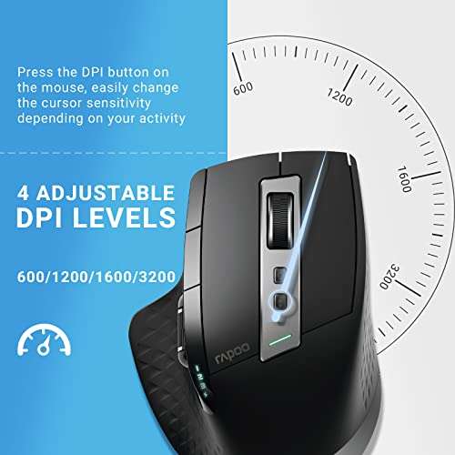 Rapoo Bluetooth Wireless Mouse, 4 Adjustable DPI Rechargeable, Multi-Device (3 Bluetooth+USB) Programmable Ergonomic Mouse with Side Roller, Laser Mouse for Laptop Desktop PC 3