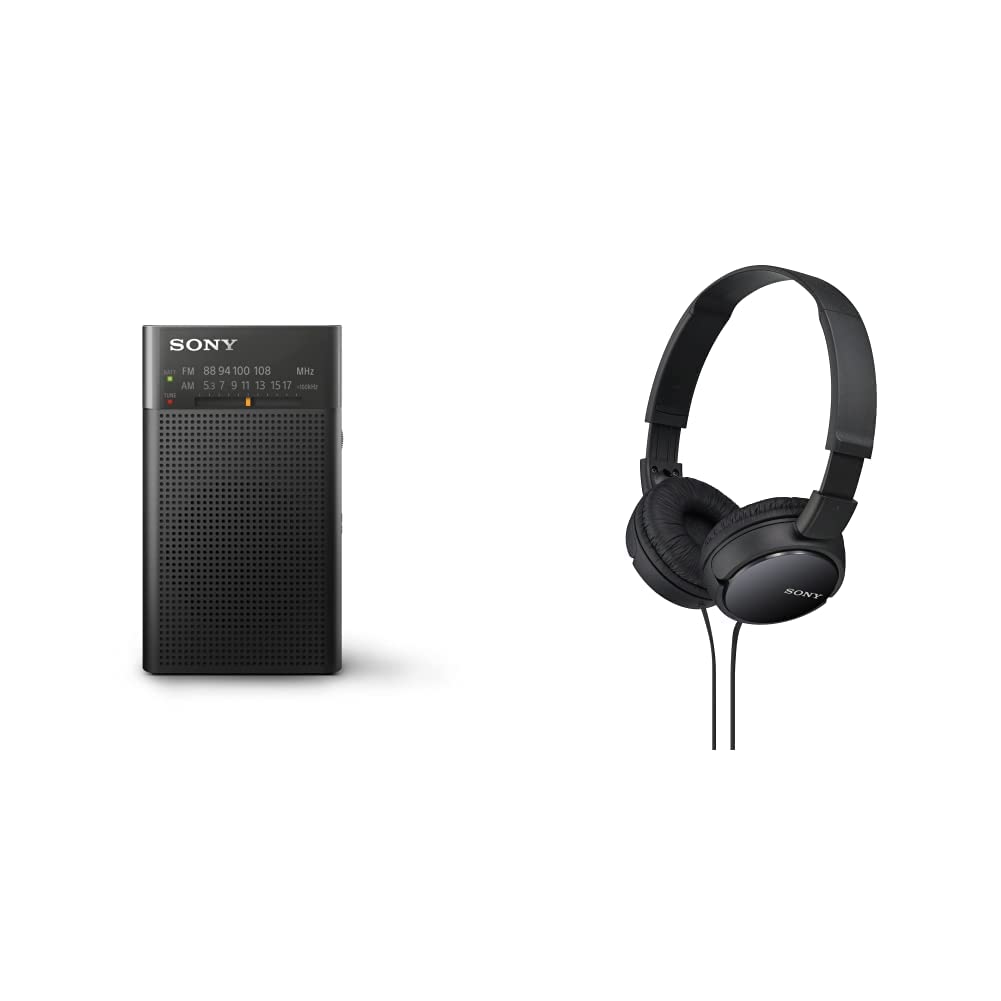 Sony ICF-P27 Portable Radio with Speaker and AM/FM Tuner & ZX Series Wired On-Ear Headphones, Black MDR-ZX110
