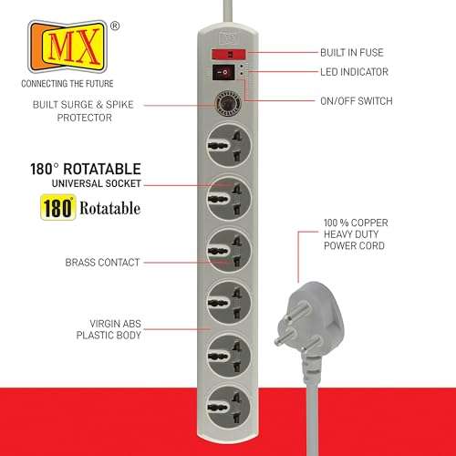 MX 180° Rotatable 6 Way Output Universal Socket with Spike Guard Surge Protector, Master Switch, Fuse, LED Indicator Extension Board, 3 Meter 4