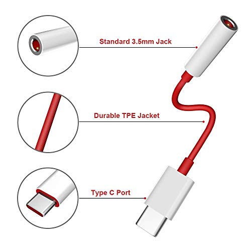 Eazories Red Type C to 3.5 mm Audio Jack Connector, Noise Cancelling Headphones Converter Audio Cable Compatible with 1 Plus 8, 8Pro / 7,7Pro, 7T /6T, NORD and Similar (Pack of 2) 3
