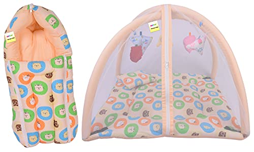 Kwitchy Baby Bedding Set New Born Baby Bed | Mattress | Mosquito Net | Play Gym | Sleeping Bags | Playmats | Cotton | Infants | Gift Combo | Bed with Hanging Toys (0-6 Months) Orange (2PCS Set) 1
