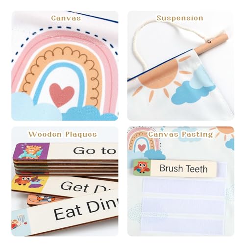 Canvas Visual Schedule for Kids, Schedule Board for Home with Wooden Blocks, Reward Chart Bedtime Routine Chart for Toddlers, Morning Routine Chart for Kids, Toddler Daily Routine Chart for Kids 3