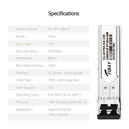 1G SFP SX Compatible for Cisco Meraki MA-SFP-1GB-SX 1000BASE-SX Mini-GBIC SFP Transceiver Module MMF, 850nm, 550m, LC, DOM, Pack of 10 6