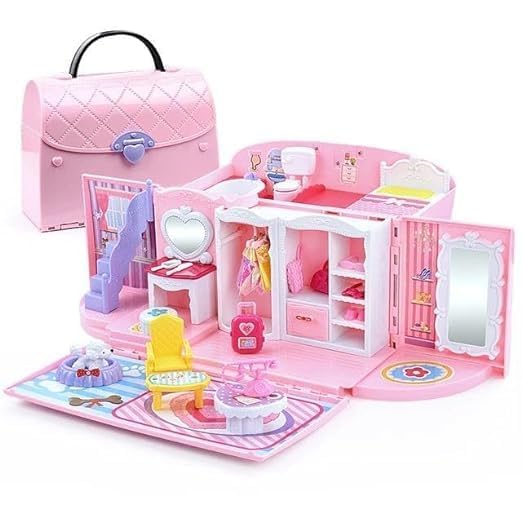 MIVEAS CARE Kids Dollhouse Playset Portable Dollhouse Toy Girls Pretend Playhouse with Furniture & Figures 2 in 1 Playhouse Set Birthday Gifts for Age 3-6 Year Old Kindergarten Toddlers Preschoolers