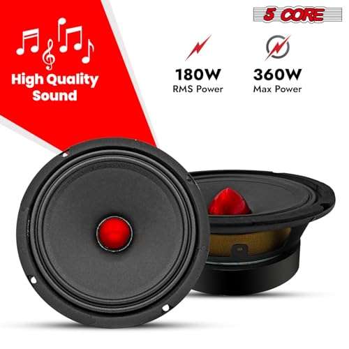 5 CORE 6.5 Inch Subwoofer Speaker 360W Mid Range Car Sub Woofer Speakers w Red Aluminum Bullet 4 Ohm Deep Bass Replacement Subwoofers for Auto Vehicle Truck - MR 6.5 BLT R 4oHM 2