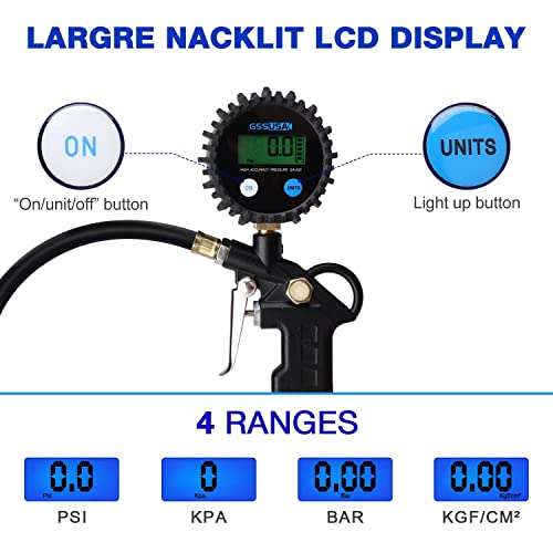 GSSUSA Digital Tire Inflator Pressure Gauge 200 PSI Accuracy Display Heavy Duty Air Compressor Accessories for Car, Truck, Bike, Auto 3