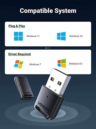 UGREEN USB Bluetooth Adapter for PC Bluetooth 5.0 Dongle Receiver Support Windows 11/10/8.1/7 Desktop Laptop Compatible with Headphones Printer Speaker Mouse Keyboard PS4/ Xbox Controllers 2