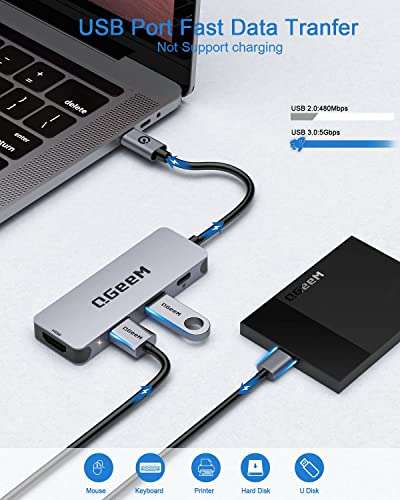 QGeeM USB C Hub 5 in 1 Multi-Port Digital AV Adapter 4K HDMI, 100W Power Delivery, 3 USB-A Data Ports, USB C Dongle Compatible for MacBook Pro Air Ipad HP Dell Lenovo iMac iPhone 15 Pro/Pro etc. 6