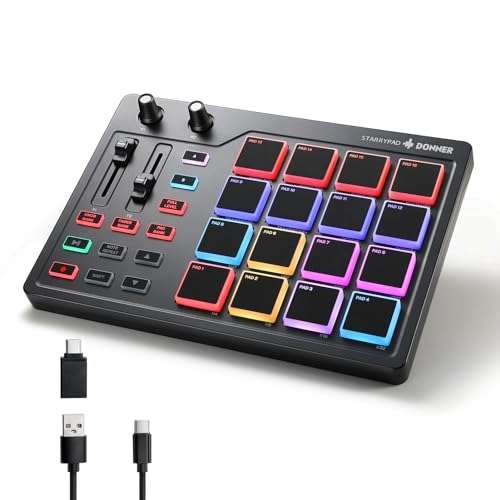 Donner MIDI Pad Beat Maker Machine Professional, Drum Machine with 16 Beat Pads, 2 Assignable Fader & Knobs and Music Production Software, USB MIDI Controller with 40 Courses, STARRYPAD 1