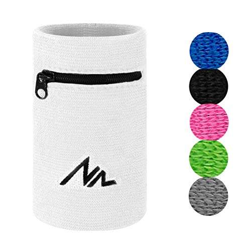 NEWZILL Wrist Wallet Wristband with Zipper - Cotton Sweatbands for Men & Women, Ideal for Sport, Running, Walking, Basketball, Football, Tennis, Hiking, Workout, and More Long White 1