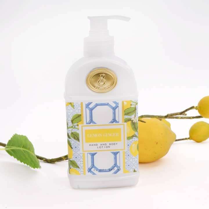 8 Oak Lane, Lemon Ginger, 12oz hand and body lotion, a delightful blend of zesty lemon, warm ginger, & invigorating citrus notes. 1