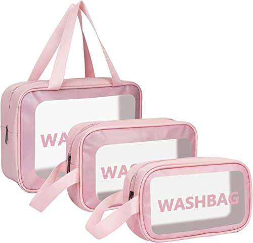 Toiletry Bags 3Pcs Portable PVC for Women Men,Clear Makeup Bags Cosmetic Pouch Organizer Waterproof with Zipper Handle,Transparent Travel Large Storage Toiletries(Pink) 1