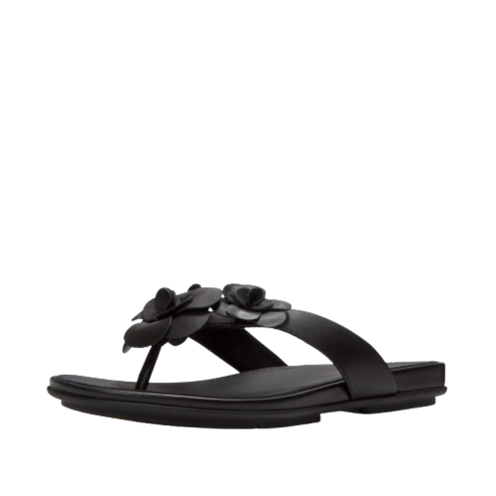 FitFlop Gracie Flower Leather Flip-Flops Sandals, Color: Black, Size: 7 (A4A-001-050) 6