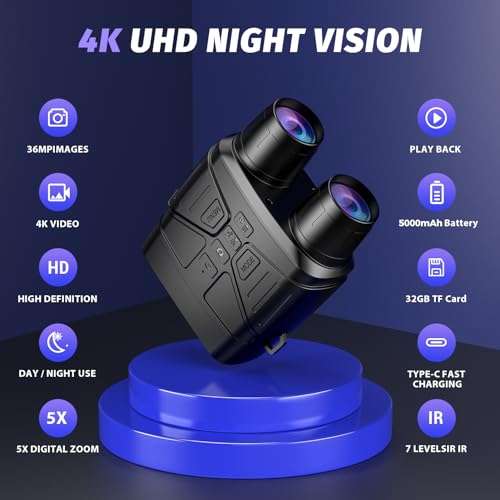 Night Vision Goggles - 4K Night Vision Binoculars with 5000mAh Rechargeable Battery, 32GB TF Card can Save Photo and Video, 3'' HD Screen for Camping & Security, Black 2
