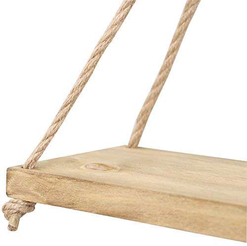 AB SALES Wooden Distressed Hanging Floating Shelves with String Rope with Hooks - 2 Pieces, Beige 3