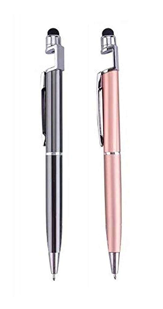 Mobile Stand (Pack 2) for Motorola Moto S30 Pro Ballpoint Function Stylus Pen with Mobile Stand Holder Writing Pen Screen Wipe Adjustable Universal Mobile Phone Flexible Clip Holder Pen - (C2, Mix) 1