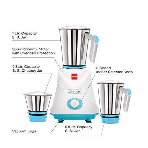 Cello Elite 500-Watt Mixer Grinder with 3 Stainless Steel Jars (Blue) 5