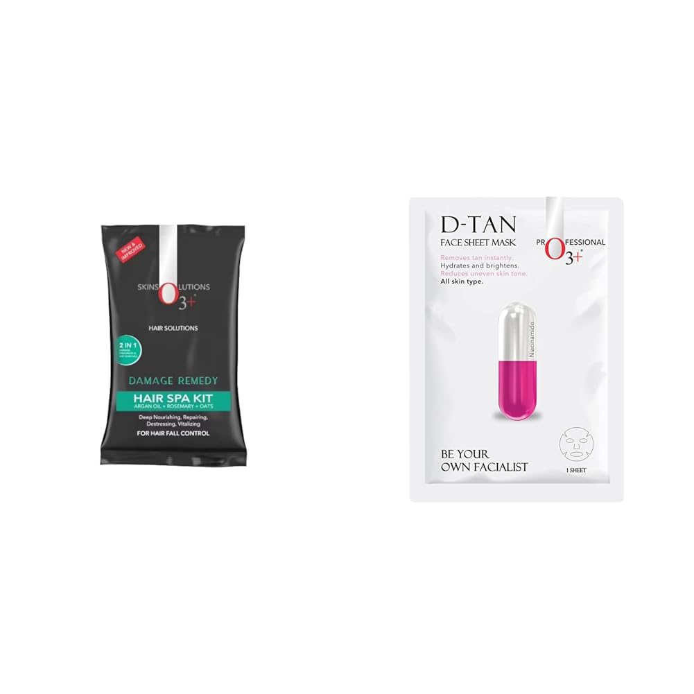 O3+ Hair Spa Kit Infused with Argan Oil & O3+ Facialist Dtan Face Sheet Mask With Niacinamide reduced dark spots Combo 2