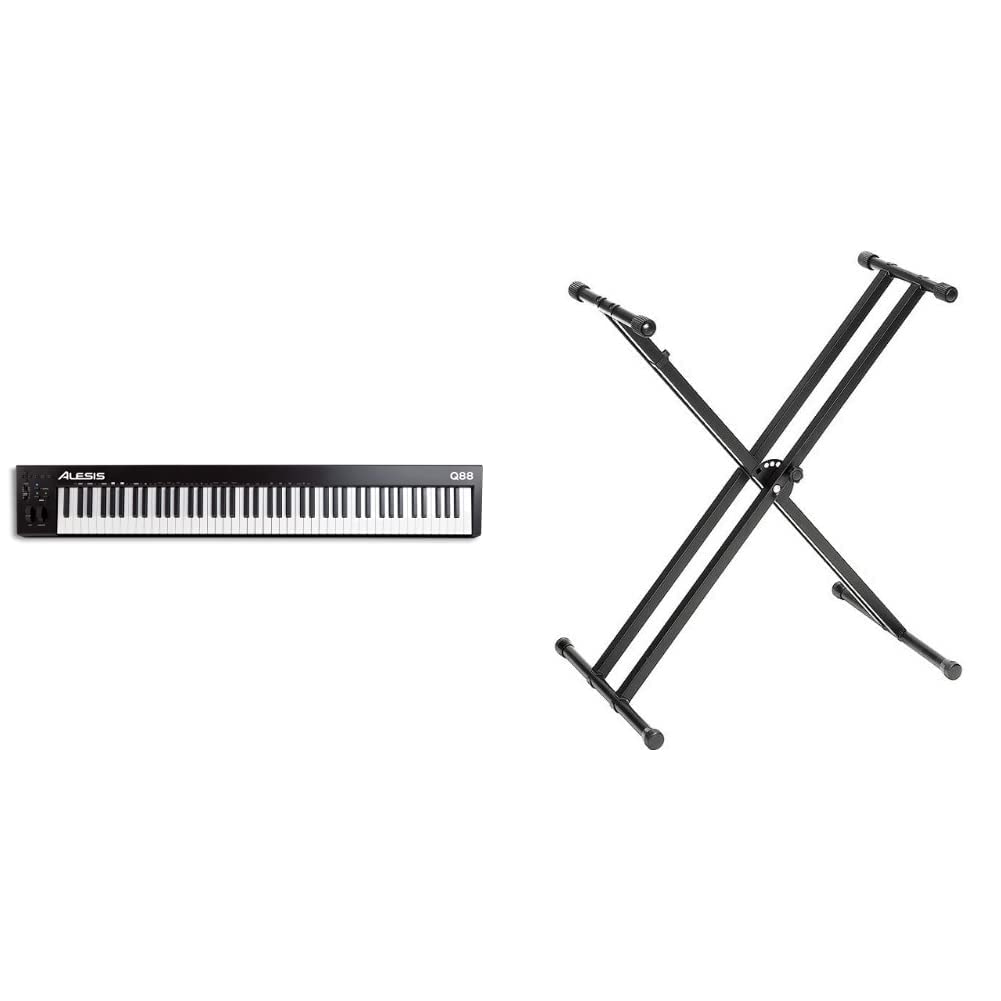 Alesis Q88 MKII - 88 Key USB MIDI Keyboard Controller & Yamaha OEM PKBX2 Double-Braced Adjustable X-Style Keyboard Stand 1