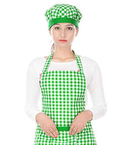 Switchon Cotton Kitchen Apron with Cap (Green and White, Free Size) 3