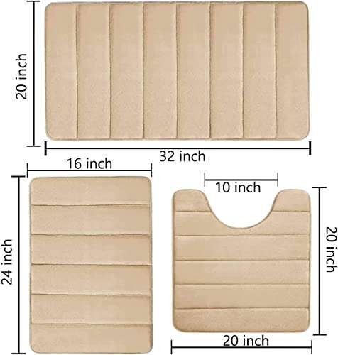 Bathroom Rugs Set 3 Piece,Memory Foam Bath Mat, Soft Bath Mats Ulta Soft, Absorbent Bath Rugs with No Slip PVC Backing Machine Washable, Easy to Dry - Beige 2