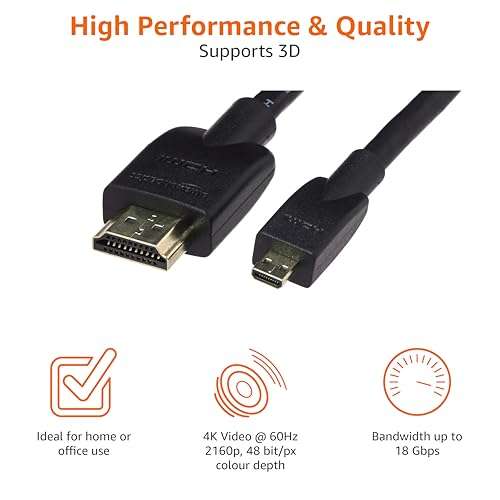 Amazon Basics Micro HDMI to HDMI Display Cable, 18Gbps High-Speed, 4K@60Hz, 2160p, 48-Bit Color, Ethernet Ready, 6 Foot, Black 3