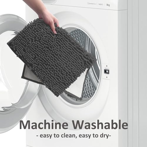 UHOUSEST Bathroom Rugs Sets 4 Pieces,Chenille Bath Mats for Bathroom,Super Absorbent Soft Washable Bathroom Carpets,Non Slip Contour Mat Toilet Lid Cover and Bath Rug Mats Shower Mats,Dark Gray 5