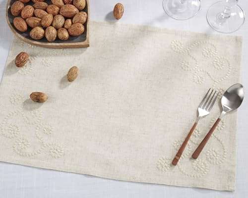 SARO LIFESTYLE Embroidered Swirl Design Linen Blend Tablecloth, 67", Natural 4