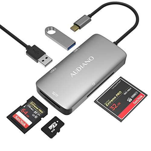 USB C to CF Card Reader, AUDIANO 5-in-1 USB Type C SD/TF/CF Camera Card Reader with Compact Flash Memory Card Reader, 2 USB 3.0 Ports Compatible for MacBook Pro, Samsung S20, Surface Book 1