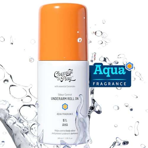 Chemist at Play UnderArm Roll-On with 5% AHA, Lactic Acid & 1% Mandelic Acid | Prevents Body Odour, Brightens Skin & Exfoliates Underarm | For Sensitive Skin | Aqua Fragrance | Alcohol Free - 40ml 2