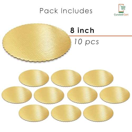 CURATED CART™ Cake Board Round Cake Boards - MDF Cardboard Disposable Cake Pizza Circle Scalloped Mate Gold Tart Decorating Base Stand (8 Inch (Pack of 10 Pcs)) 3