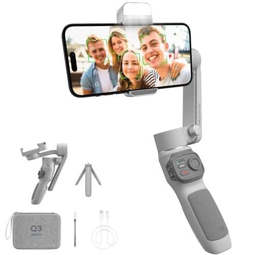 Zhiyun Smooth Q3 Combo, 3-Axis Phone Gimbal with Fill Light and Gimbal Bag, Portable & Foldable, Gesture Control, Video Recording, Auto Tracking Gimbal Stabilizer for Smartphone for iPhone & Android 1