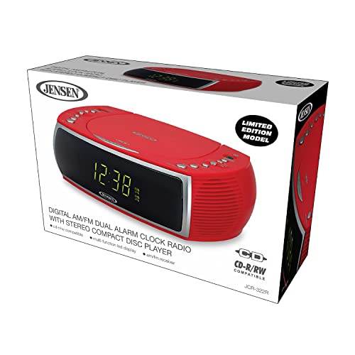 Jensen Red Modern Home CD Tabletop Stereo Clock Digital AM/FM Radio CD Player Dual Alarm Clock CD Top-Loading Player | USB Charging Port DV 5V 800mA | Headphone Jack | 0.9 Display Green LED 4