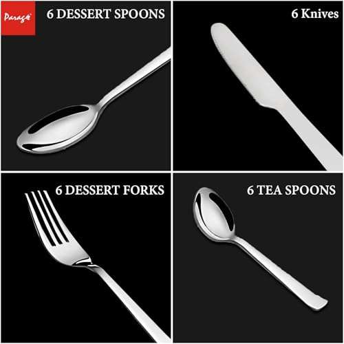 Parage Fantasy Stainless Steel Cutlery Set - Set of 25 (Contains: 6 Table Spoons, 6 Tea Spoons, 6 Forks, 6 Knives, 1 Stand), Silver 3
