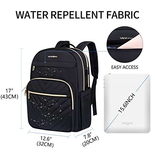 VANKEAN 15.6 Inch Laptop Backpack for Women Men Work Bag Fashion with USB Port, Waterproof Backpacks Nurse Stylish Travel Bags Casual Daypacks for College, Business, Black 2