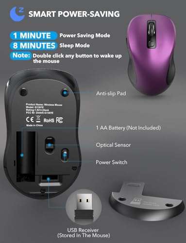 Trueque Wireless Mouse for Laptop, 2.4GHz Ergonomic Computer Mouse with Back & Forward Buttons, 3 Adjustable DPI Levels, 6 Buttons, Optical USB Cordless Mice for Windows PC (Purple, 1 Pack) 5
