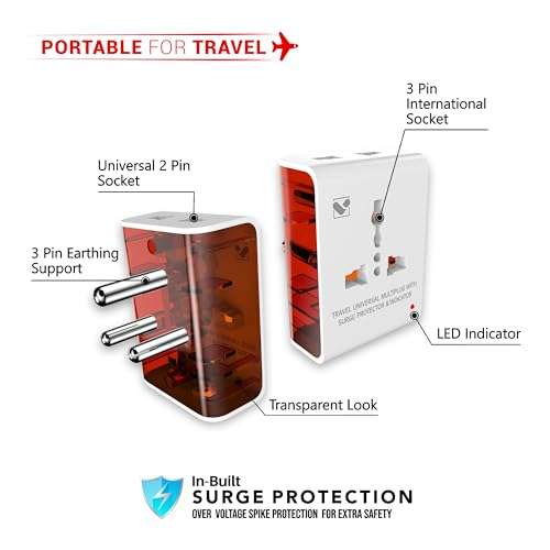 Vimal 6A Wave 3 Pin Multiplug Adapter with inbuilt Surge Protector,Universal Sockets & Indicator 2
