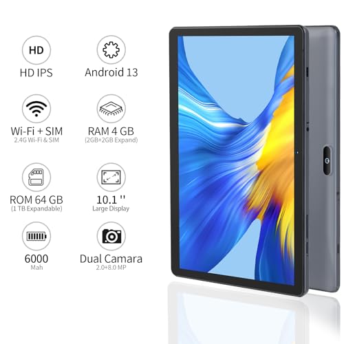 PRITOM Android Tablet 10 inch, M10, 64GB Android Tablet, 10.1 inch IPS HD Touchscreen, GPS, FM, Quad-Core Processor, Dual Camera,Wi-Fi 2