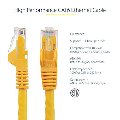 StarTech.com 2ft CAT6 Ethernet Cable - Yellow CAT 6 Gigabit Ethernet Wire -650MHz 100W PoE RJ45 UTP Network/Patch Cord Snagless w/Strain Relief Fluke Tested/Wiring is UL Certified/TIA (N6PATCH2YL) 2