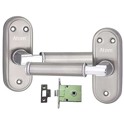 Atom Stainless Steel Bathroom Door Lock, Mortise Door Handle with Baby Latch Lock, Silver Satin Finish, Keyless, Bathroom Lockset for Door, Balcony Toilet Washroom, Skoda-Bl 2