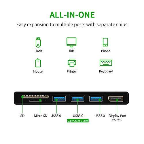 Surface Pro USB Hub Adapter Docking Station, Rocketek 6-in-1 USB 3.0 Hub Adapter Dongle with Surface Pro Dock Station Display Port, 3 USB 3.0 Ports, TF SD Card Reader for Surface Pro 6/Pro 5/Pro 4 Hub 2