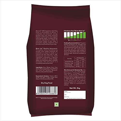 Meat Up Adult Dry Dog Food 100% Veg, 3kg (Buy 1 Get 1 Free),Total 6 Kg Pack 2
