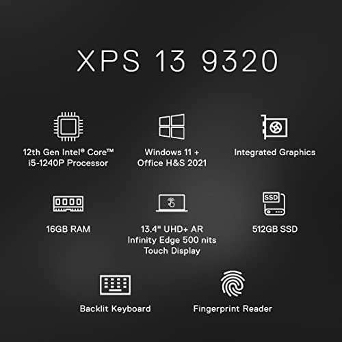 Dell XPS 9320 Laptop, Intel Core i5-1240P, 16GB, 512GB SSD, Win 11 + MSO'21, 13.4" (34.036Cms) UHD+ AR 500 nits Touch, 15 Month McAfee, Backlit KB + FPR, 1.24Kgs 4