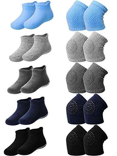 10 Pairs Baby Crawling Anti-Slip Knee Pads and Anti-Slip Baby Socks Set Unisex Toddler Knee Protectors Non Slip Ankle Socks (Chic Colors) 1
