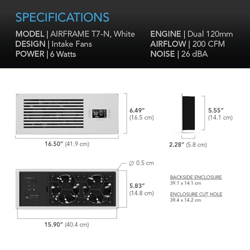AC Infinity AIRFRAME T7-N White, High-Airflow Cooling Fan System 17", Intake Airflow, for AV Equipment Rooms, Closets, and Enclosures 6