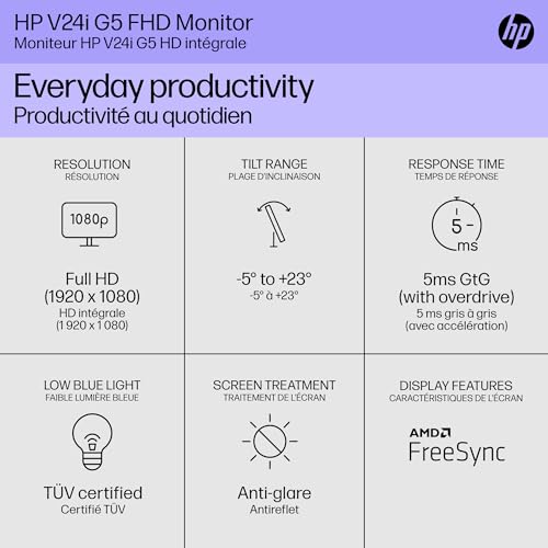 HP V24i G5 Computer PC Monitor 24 Inch Full HD IPS 60Hz 5ms 250 Nits Brightness AMD FreeSync Anti-Glare Low Blue Light HDMI DisplayPort Black 65P58AA 2