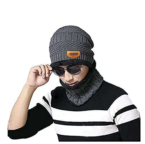 QUEERY Men's Woolen Cap with Neck Muffler/Neckwarmer Set of 2 Free Size -Grey 1