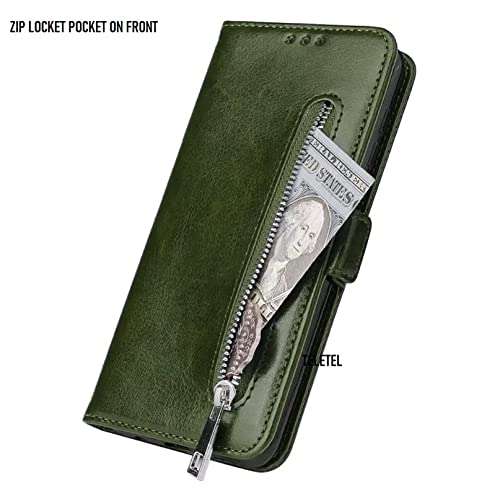 TELETEL Zipper Series Flip Mobile Cover Pu Leather | Card & Cash Pockets | Magnetic Loop | Front Zip Lock Wallet Case (Dark Green) for Mi A2 4