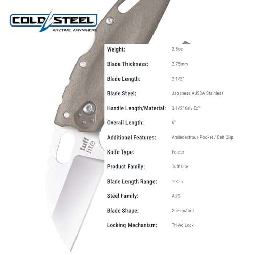 Cold Steel Tuff Lite 2.5" AUS8A Sheepsfoot Razor-Sharp Plain Blade 3.5" Griv-Ex FDE Handle Pocket Folding Knife, Boxed 5