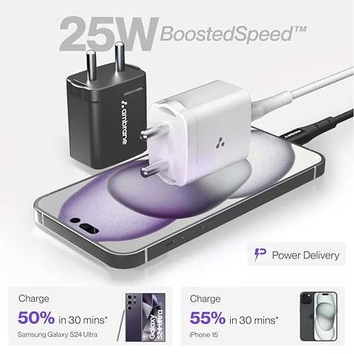 Ambrane 25W Type-C Mobile Charger Adapter with Type-C to Type-C Charging Cable | Fast Charging for Samsung Smartphones, iPhone 15/14/13/12/11/X & Pro Series & Other Type-C Devices (Charge 25, Black) 3
